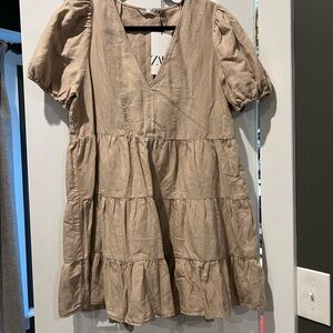Zara Tan Tiered Ruffled Sundress with Puff Sleeves